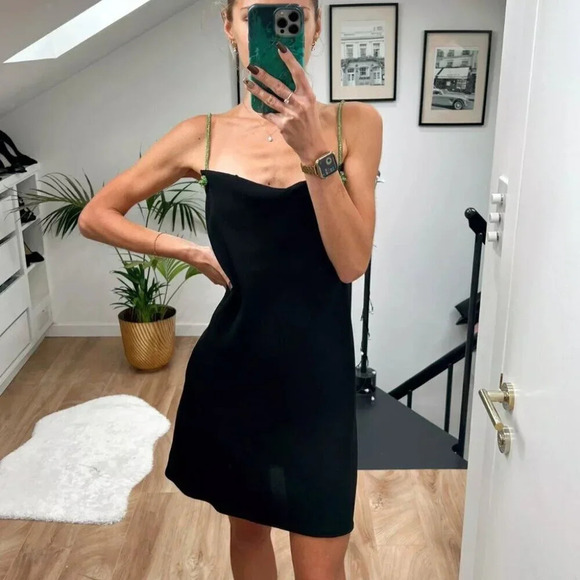 Zara Black Cowl Neck Mini Dress w/ Green Diamante Rhinestone Straps Sz Small - Picture 2 of 16